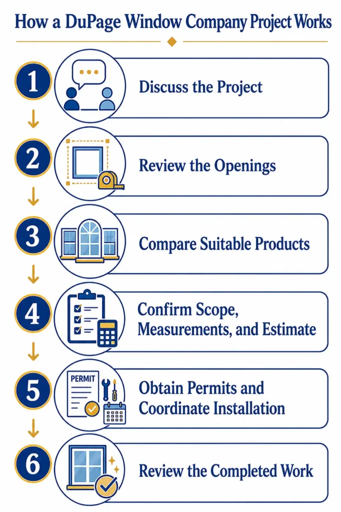 DuPage Window Company coordinates each project from the initial discussion and opening review through product selection, installation, and final review.