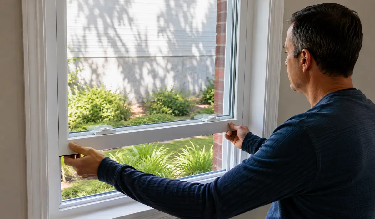 Homeowner testing the operation of newly installed vinyl windows from inside the home.