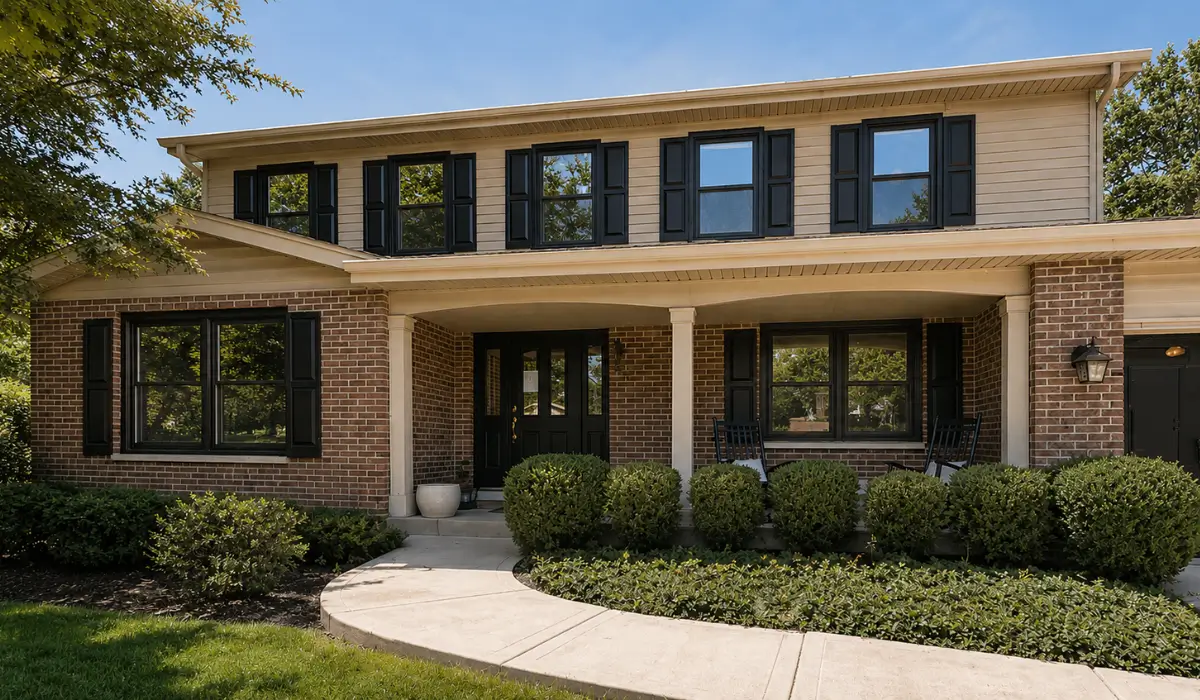 Front of a two-story home showing completed window replacement near me project by DuPage Window Company