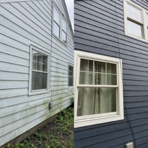 Before and after view of a Downers Grove home exterior showing new blue siding, updated windows, and a rebuilt front entry overhang.