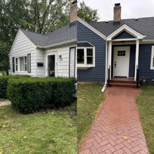 Before and after view of a Downers Grove home showing the construction of a rear addition with new siding and a covered porch.
