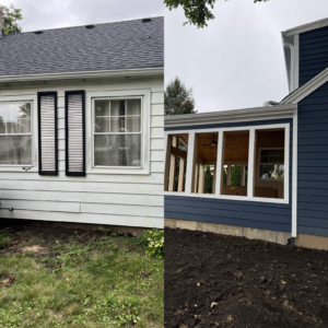 Before and after view of the side exterior showing new blue siding, white trim, and updated upper and lower windows.