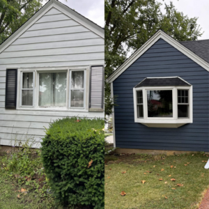 Before and after side view of a Downers Grove home showing new blue siding, white trim, and updated windows.